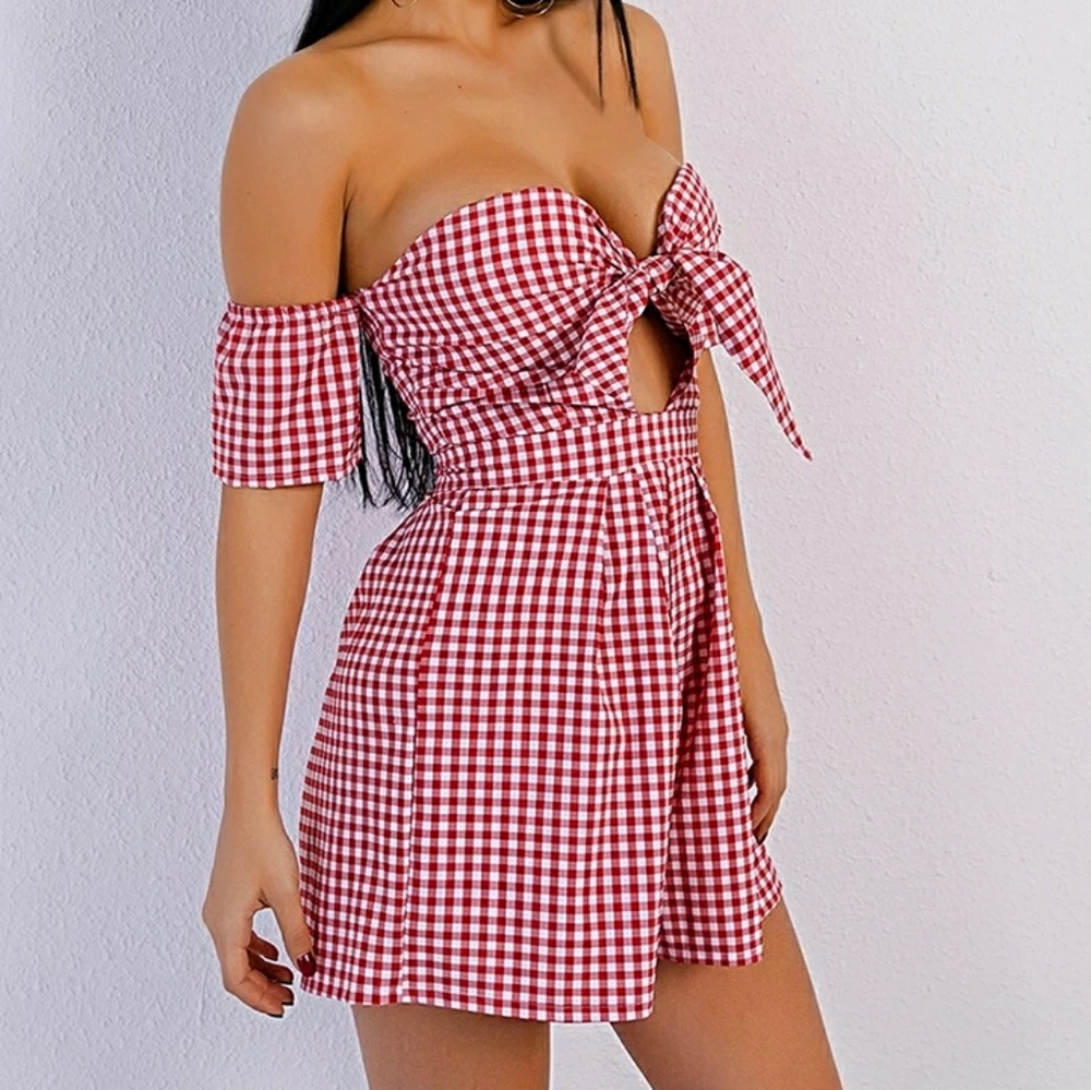 Blow Out• Gingham Print Off Shoulder Romper - Picture 4 of 5
